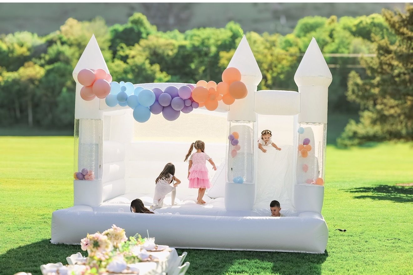 Commercial grade White Castle Bounce House with Slide and ball pit