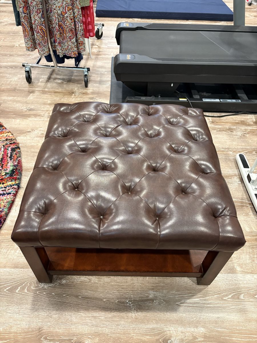 Square Leather and Wooden Ottoman Storage Bench with Shelf, in Great Condition!