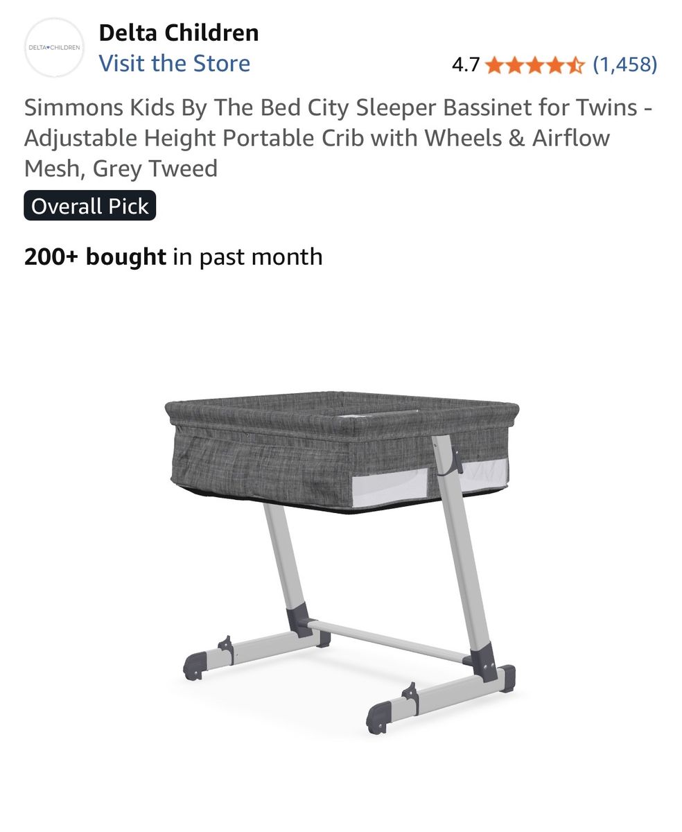Simmons Kids By The Bed City Sleeper Bassinet for Twins - Grey Tweed