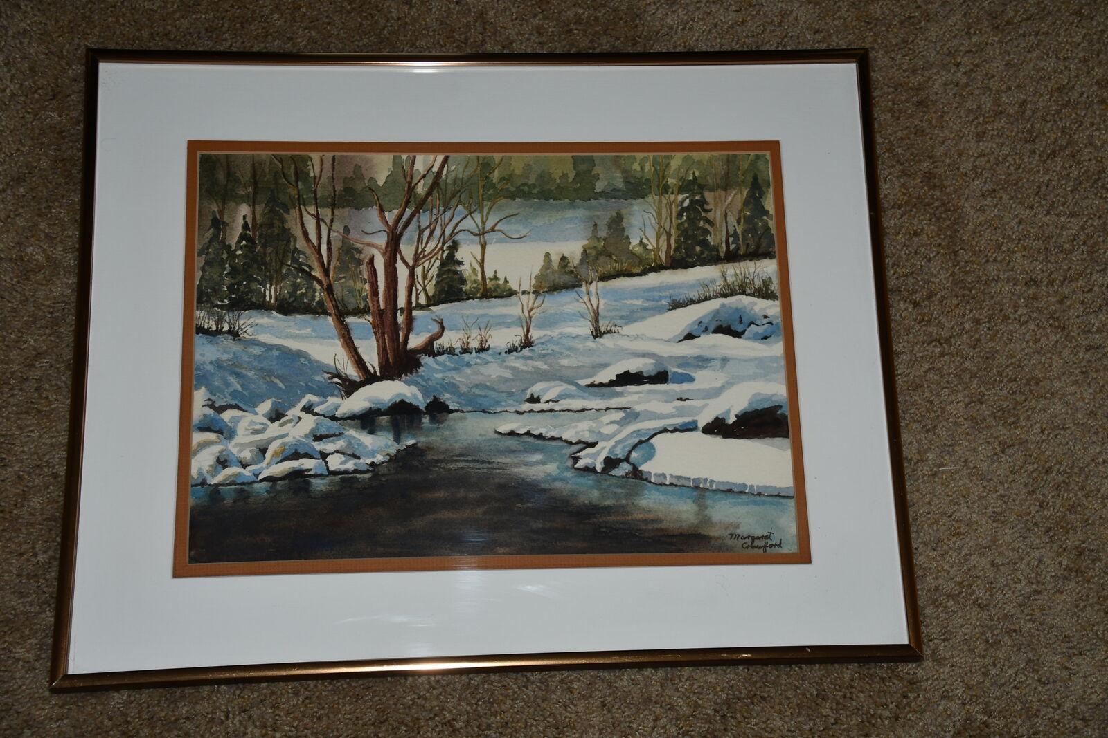 ORIGINAL WATERCOLOR PICTURE ~ MARGARET CRAWFORD ~ 16" x 20" FRAMED ~ SNOW, FOREST, CREEK ~ BEAUTIFUL!