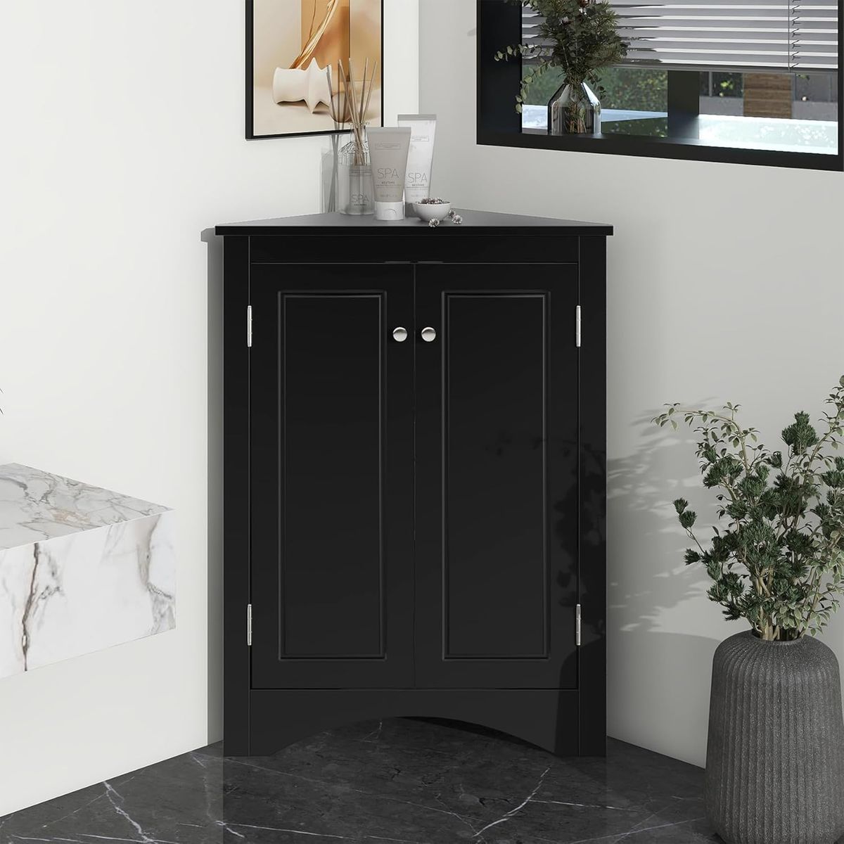 Black Triangular Corner Storage Cabinet with Adjustable Shelves