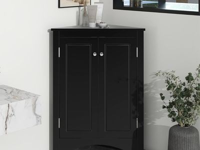 Black Triangular Corner Storage Cabinet with Adjustable Shelves