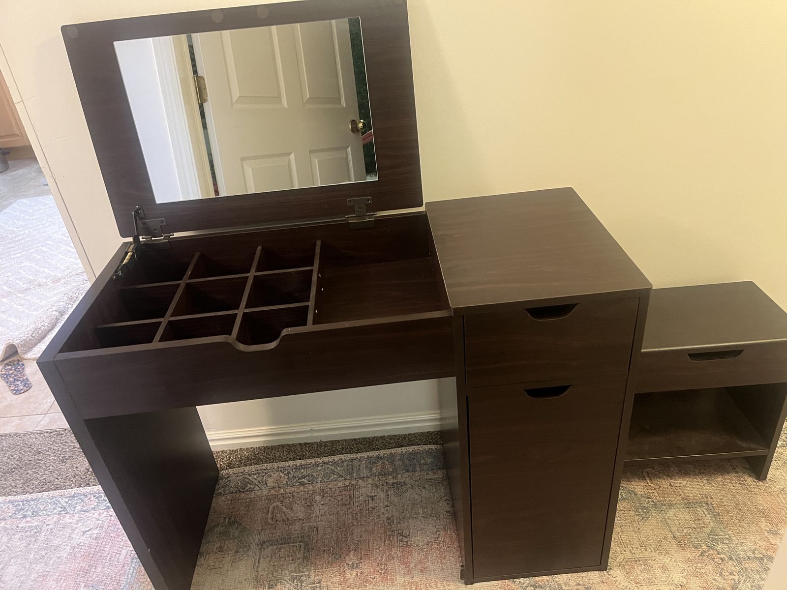 Dark Wood Vanity Desk with Lift-Top Mirror, Storage Drawers & Bench