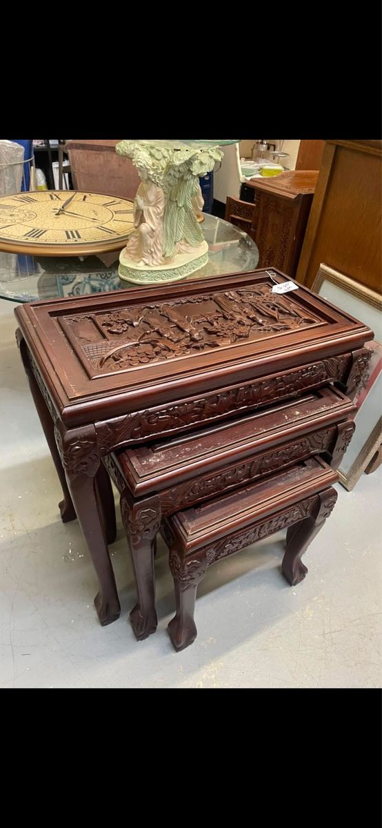 Nice 3pc set of Vintage Asian carved glass top nesting tables