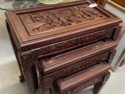 Nice 3pc set of Vintage Asian carved glass top nesting tables
