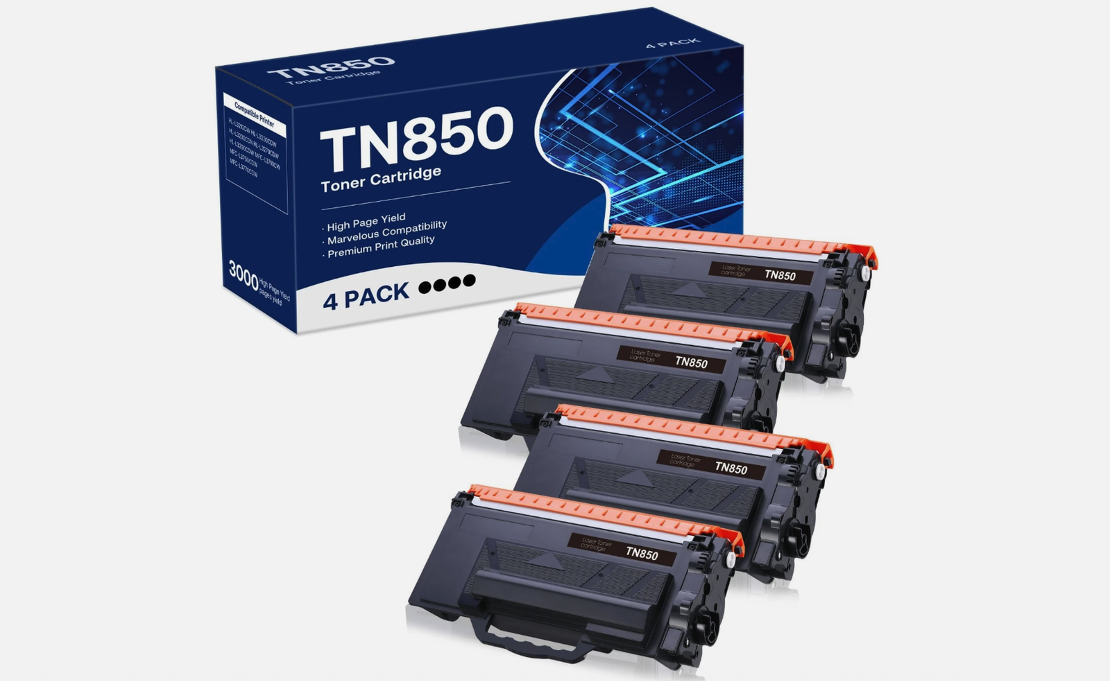 4 Pack TN850 TN820 Compatible Toner Cartridge for Brother HL-L6200DW MFC-L5850DW