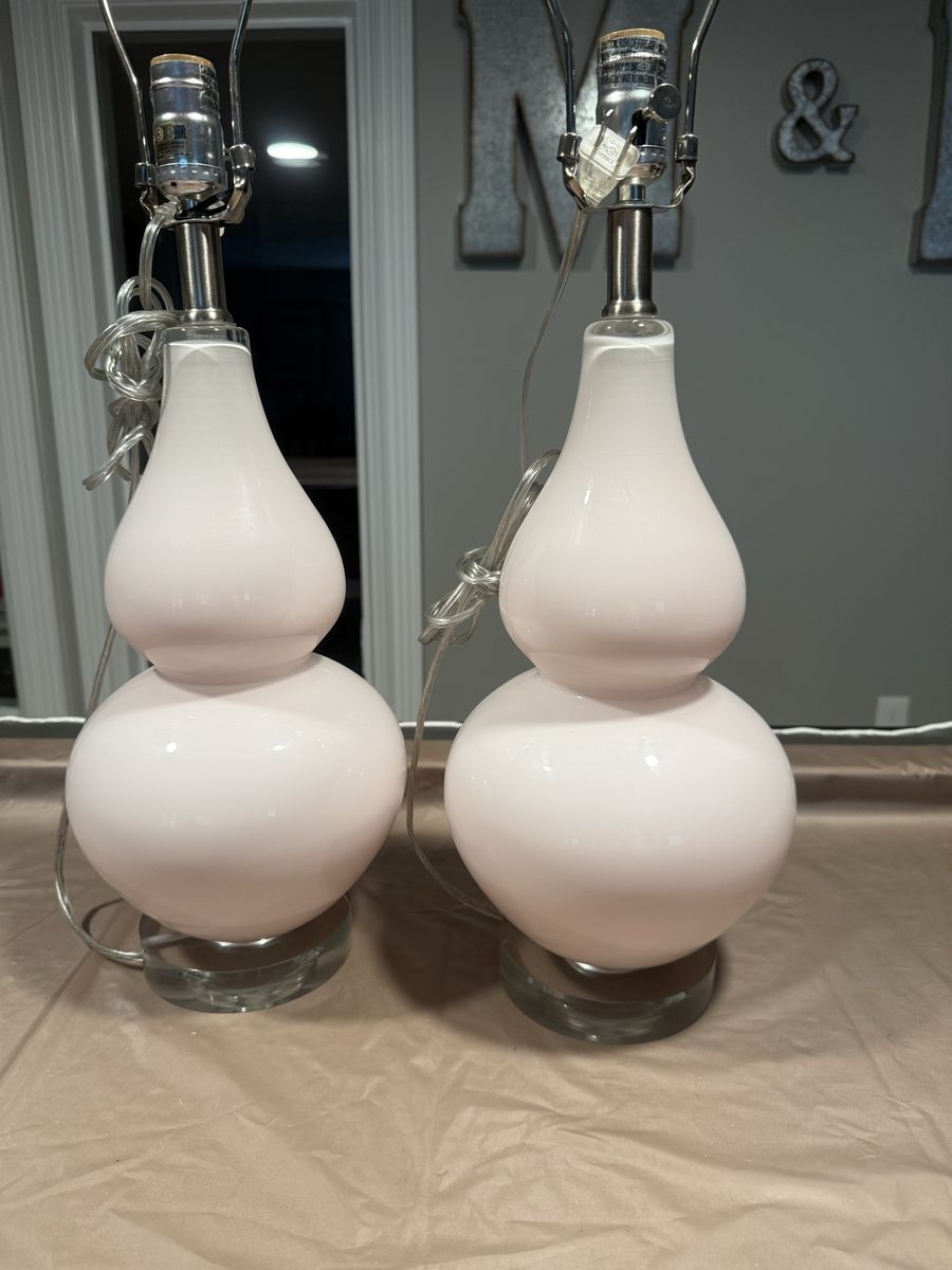 Pair of Light Pink Double Gourd Table Lamps with Clear Bases