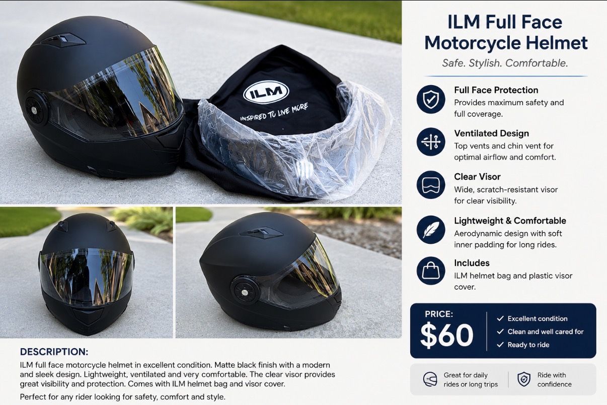ILM Full Face Motorcycle Helmet Matte Black, Clear Visor, Ventilated Design, Lightweight, Size M