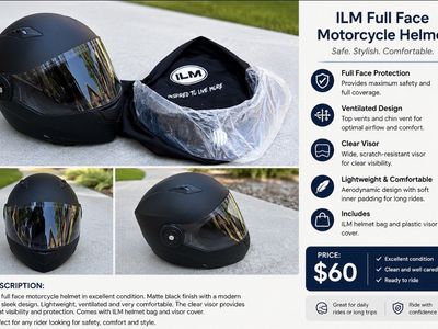 ILM Full Face Motorcycle Helmet Matte Black, Clear Visor, Ventilated Design, Lightweight, Size M