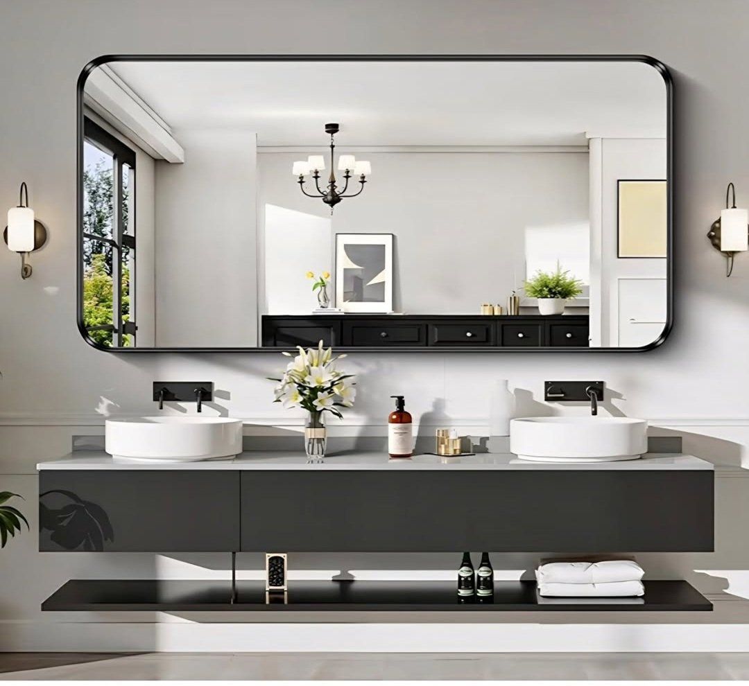Black Bathroom Mirror, 36"x72" Rectangular Mirror with Deep Metal Frame, Rounded Corner, Tempered Glass, Large Mirror for Wall,