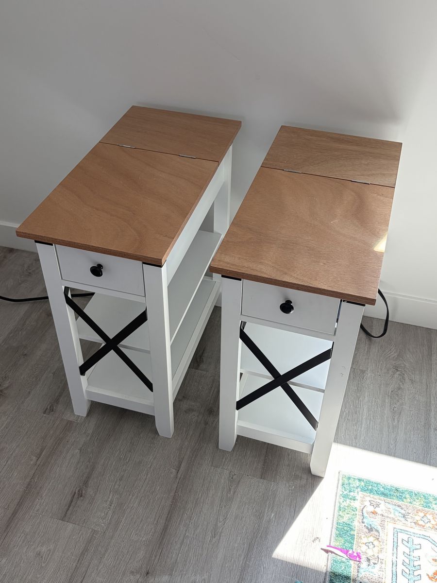 2 White and Wood Grain Charging End Tables with Storage and X-Design (25 ea or 2 for $45)