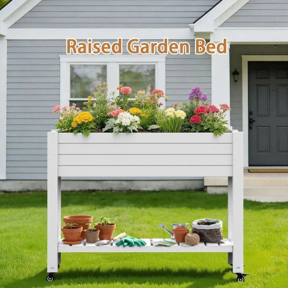 NEW ELEVATED GARDEN PLANTER WITH WHEELS & STORAGE SHELF – WHITE & GRAY