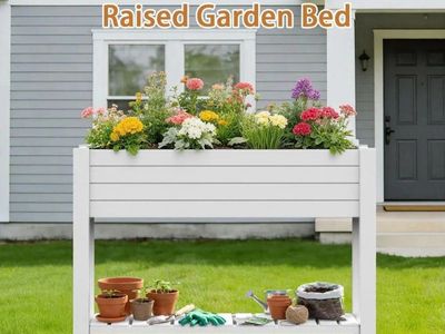 NEW ELEVATED GARDEN PLANTER WITH WHEELS & STORAGE SHELF – WHITE & GRAY