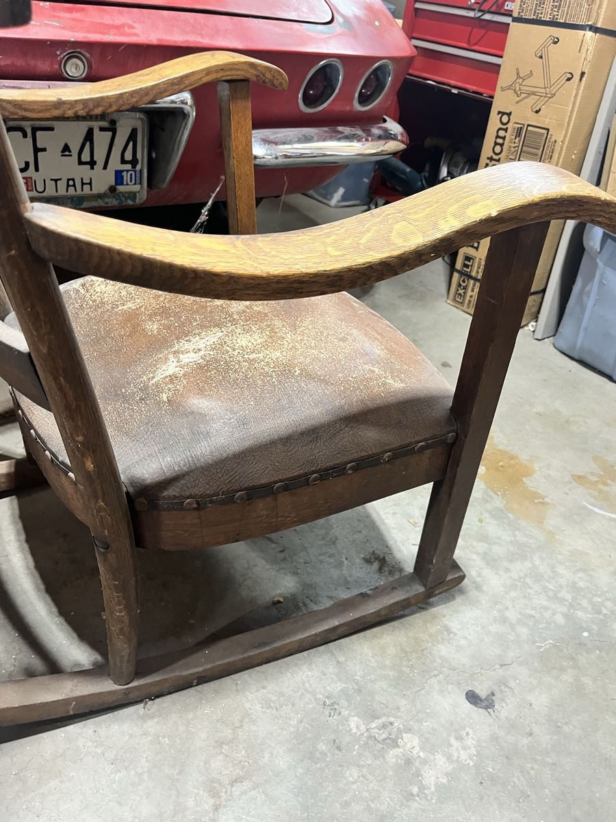 Antique Oak Rocking Chair with Upholstered Seat - Rustic Farmhouse Style