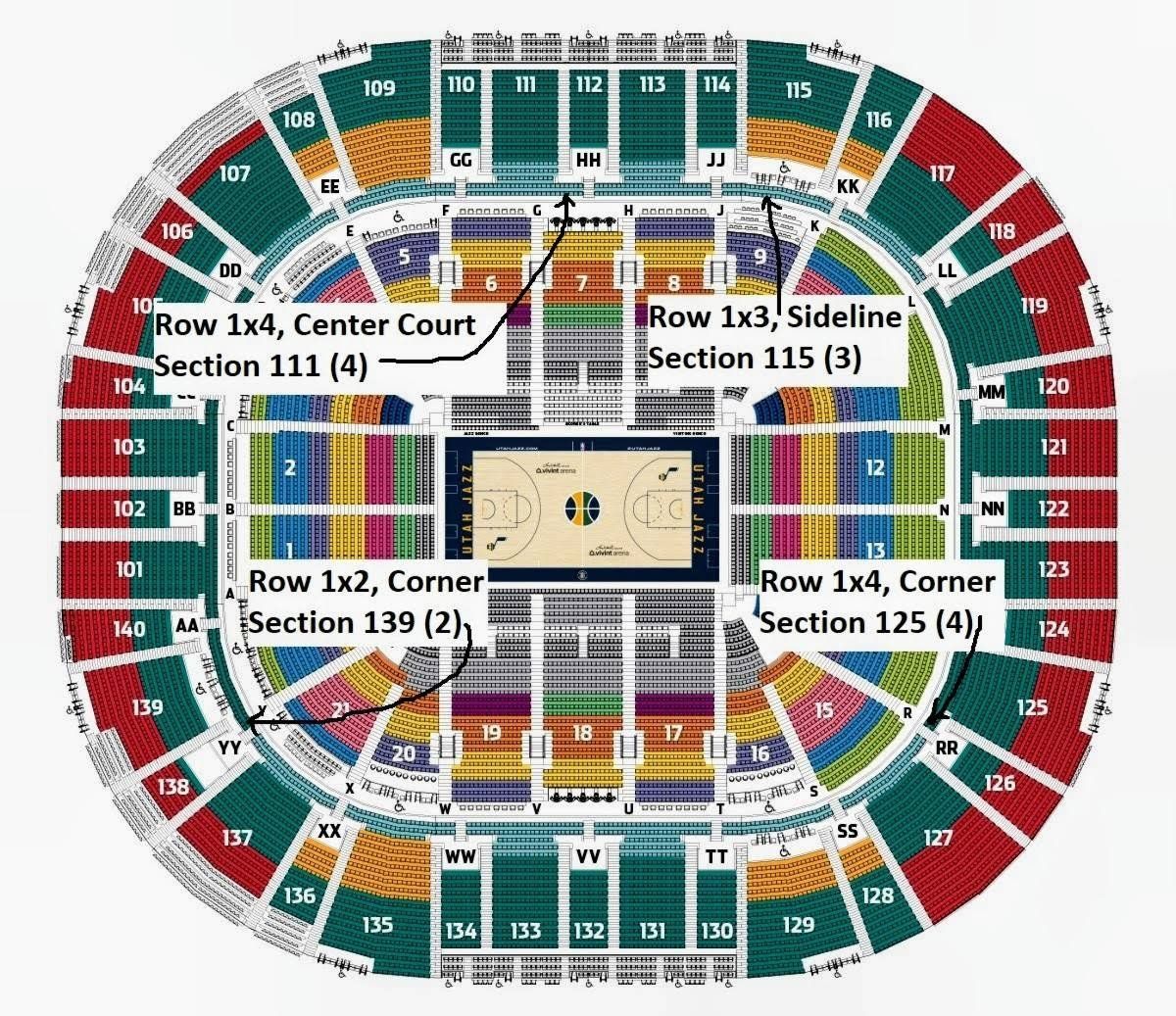 Utah Jazz Front Row Sections 139, 125, 115 and 111 (center court)