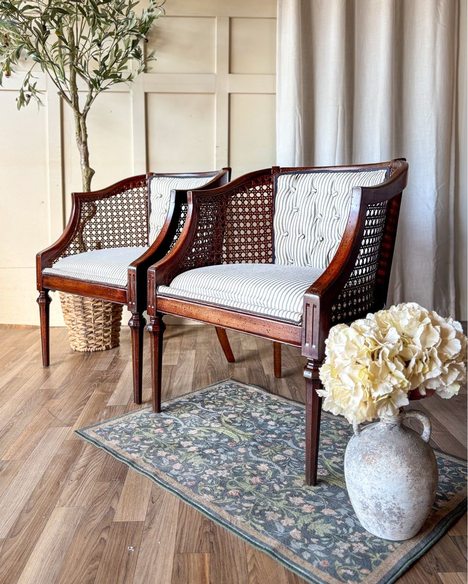 *FREE DELIVERY* Vintage Cane & Striped Fabric Tufted Sitting Chairs