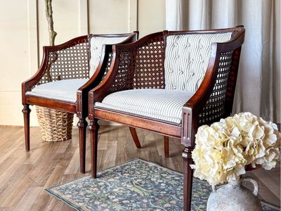 *FREE DELIVERY* Vintage Cane & Striped Fabric Tufted Sitting Chairs