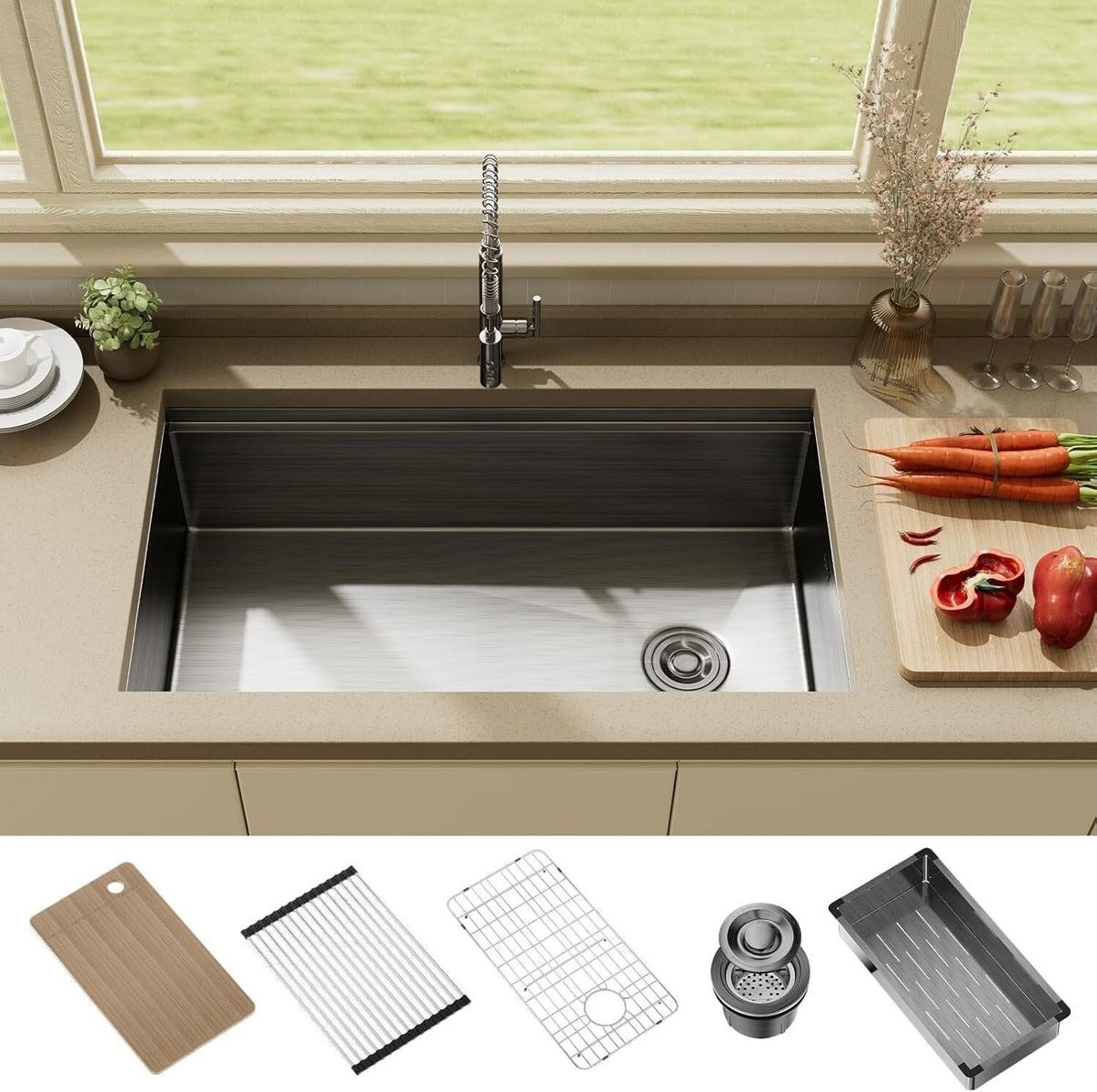 Stainless Steel Undermount Single Bowl Sinks,33x19x9 Inch Deep Sink, Kitchen Sinks, Modern Undermount Kitchen Sink with Ledge
