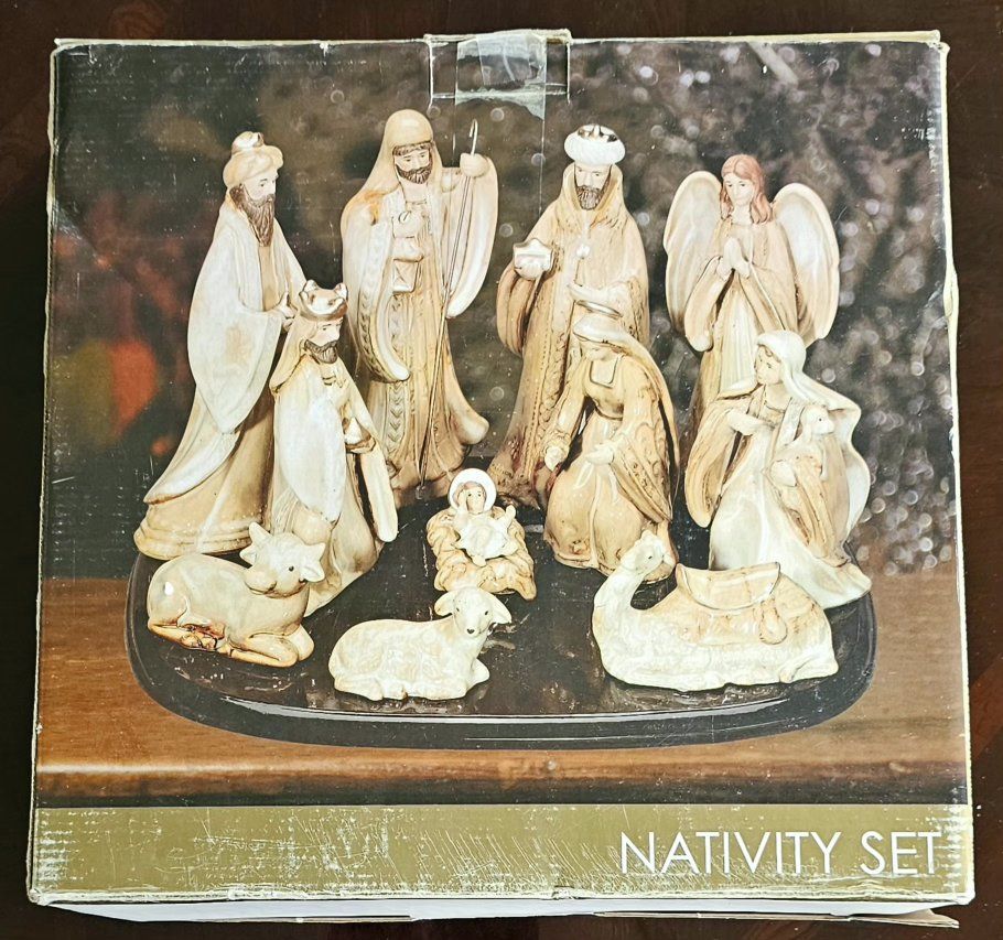 Vintage Porcelain Nativity Set 10-Piece Figurine Display in Original Box 7" Figurines 