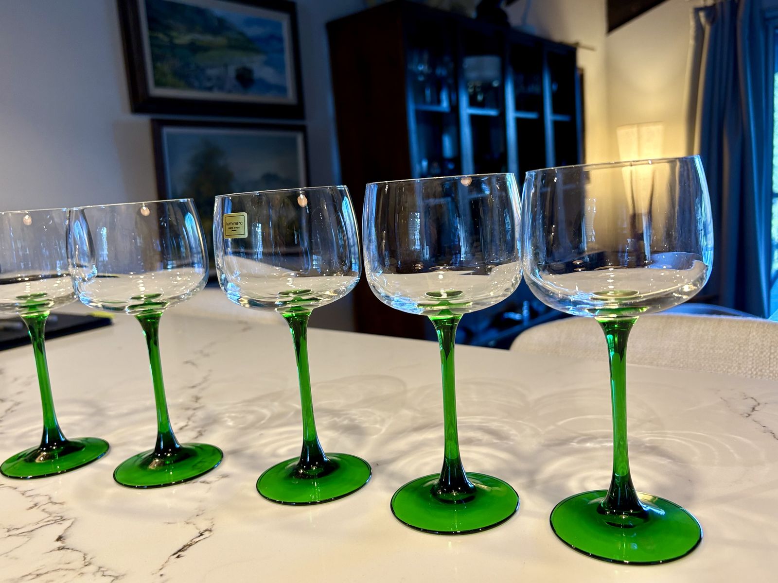 Beautiful vintage  French wine glasses by Luminarc. Green stems. Made in France 11 available 
