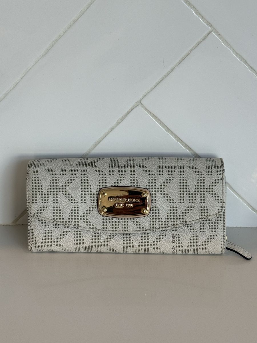 Michael Kors Vanilla MK Logo Coated Canvas Continental Wallet Gold-Tone Hardware
