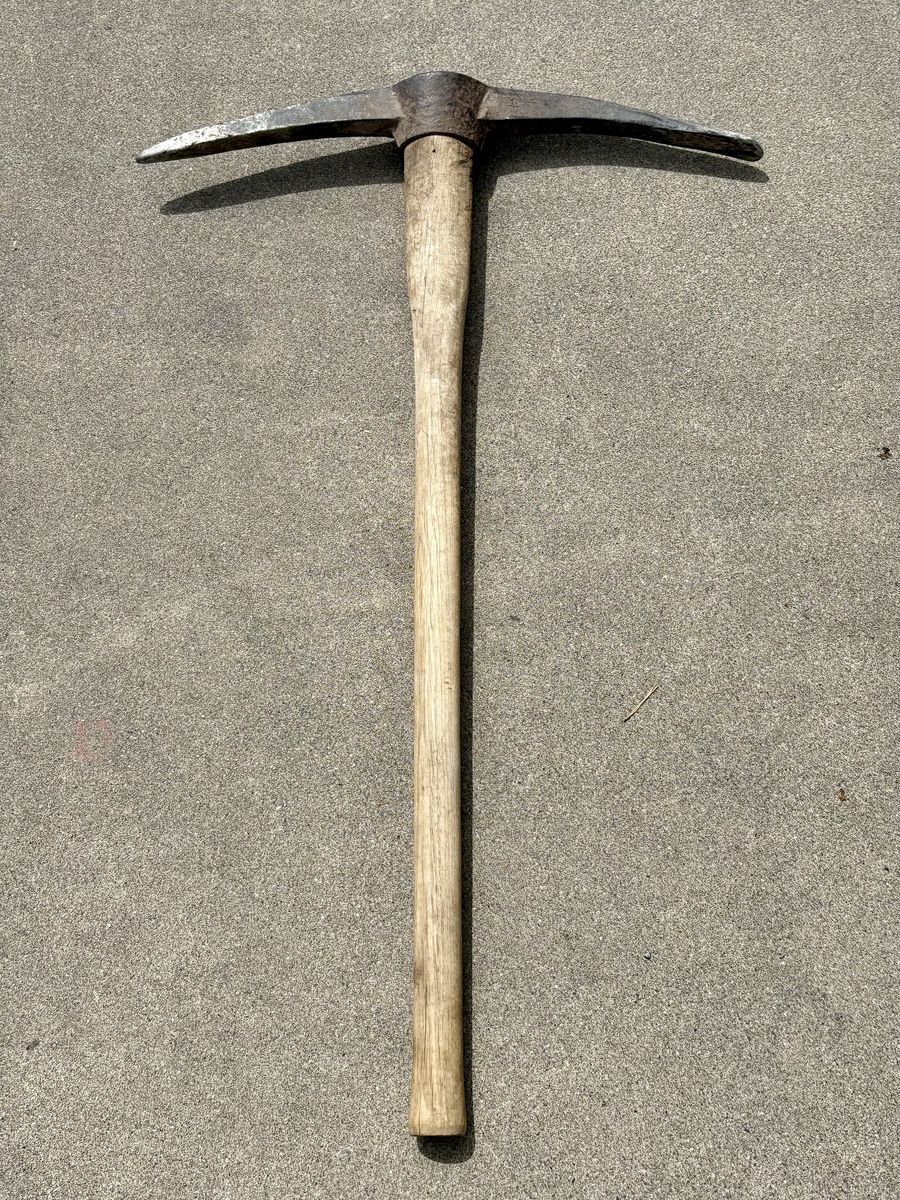 3’ tall antique pickaxe.  Mining, railroad. 23.25”w vintage pioneer tools. Great Halloween decoration