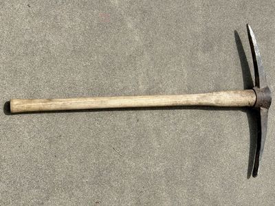3’ tall antique pickaxe. Mining, railroad. 23.25”w vintage pioneer tools. Great Halloween decoration
