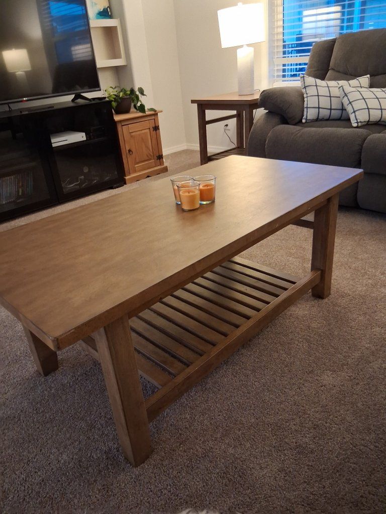 Matching wood coffee table and 2 side tables