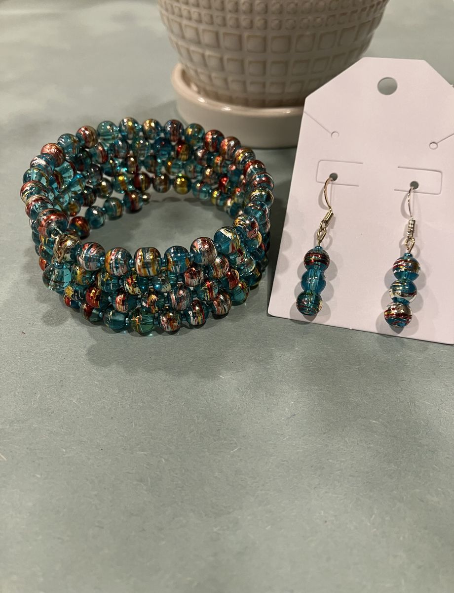 Beaded Blue Red & Gold Coil Charm Bracelet & Dangle Earrrings