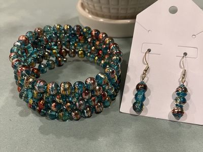 Beaded Blue Red & Gold Coil Charm Bracelet & Dangle Earrrings