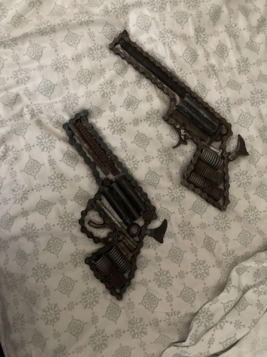 Handmade Metal Chain and Bolt Gun Art Sculpture Pair - Rustic Industrial Decor