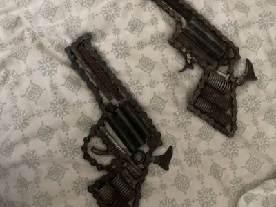 Handmade Metal Chain and Bolt Gun Art Sculpture Pair - Rustic Industrial Decor