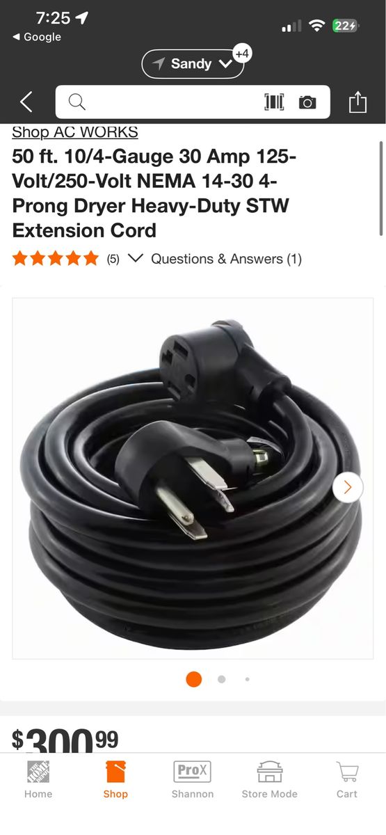 AC WORKS 50 ft 30A NEMA 14‑30 Dryer / EV / RV Extension Cord