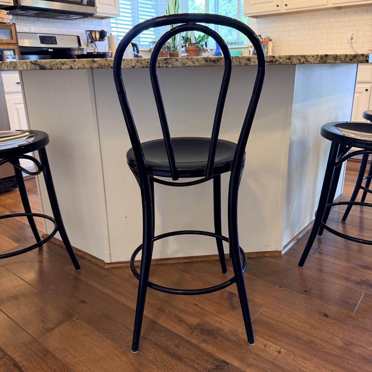 Black Metal Counter Height Bar Stool with Curved Back & Footrest - Set of 4 Available