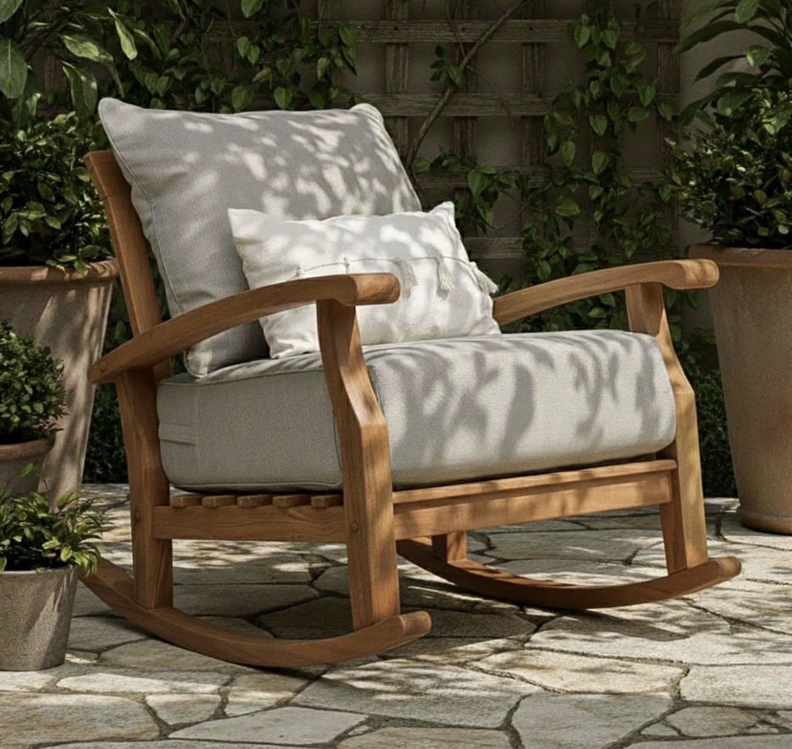 Teak Outdoor Rocking Chair w/ Cushions - Durable Wood Rocker for Patio/Deck