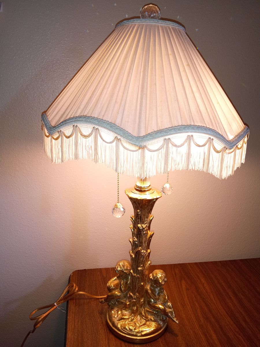 Vintage Brass Cherub & Acanthus Leaf Table Lamp with Pleated Fringe Shade & Crystal Pulls