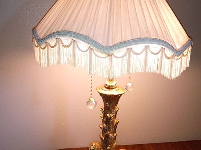 Vintage Brass Cherub & Acanthus Leaf Table Lamp with Pleated Fringe Shade & Crystal Pulls