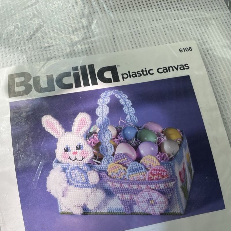 Vintage 1992 Bucilla Easter Bunny Basket Kit 6106 Plastic Canvas USA Sealed 11”
