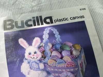 Vintage 1992 Bucilla Easter Bunny Basket Kit 6106 Plastic Canvas USA Sealed 11”