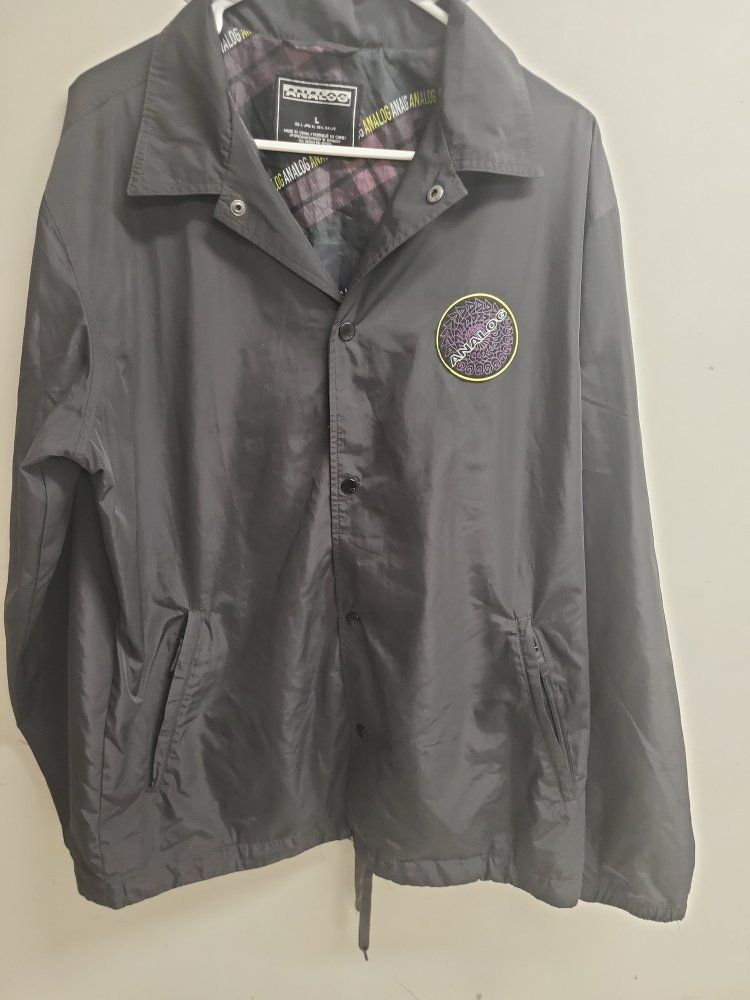 Black Waterproof Jacket, Large, Zippered Pockets, Button Closure