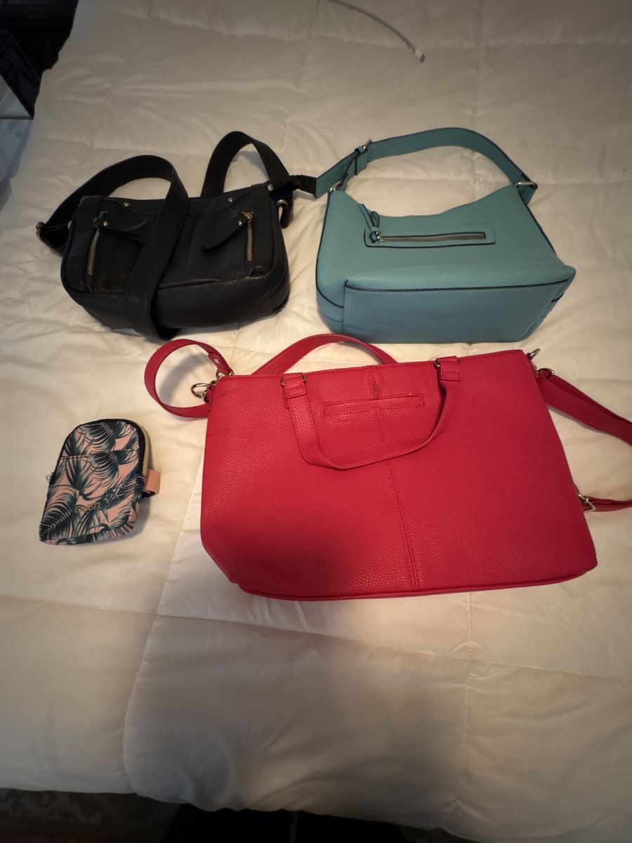 Lot of 3 Women's Handbags: Black Hobo, Blue Shoulder Bag, Red Satchel & Mini Pouch
