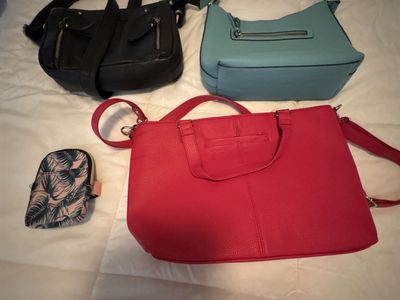Lot of 3 Women's Handbags: Black Hobo, Blue Shoulder Bag, Red Satchel & Mini Pouch