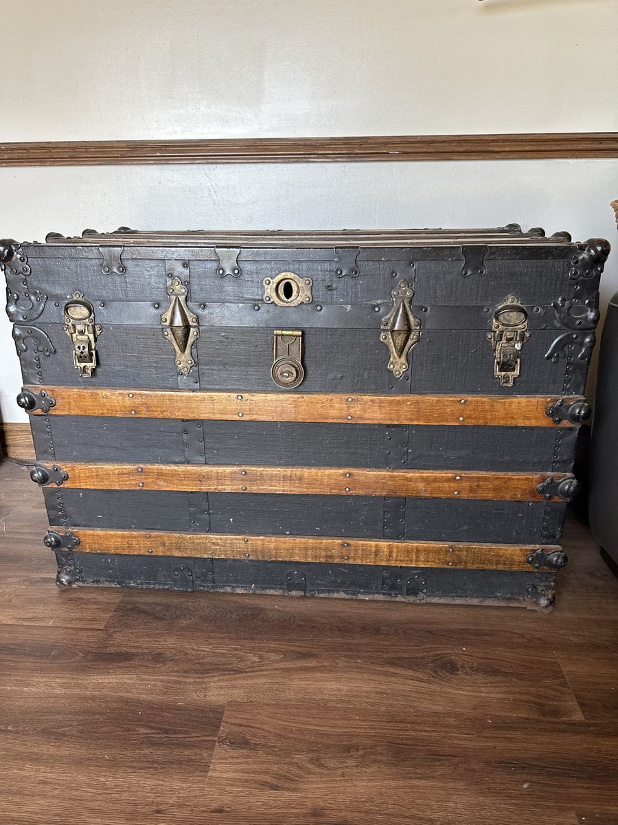 Antique Steamer Trunk - Black with Wood Bands & Brass Hardware - Vintage Storage Chest
