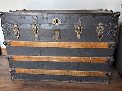 Antique Steamer Trunk - Black with Wood Bands & Brass Hardware - Vintage Storage Chest