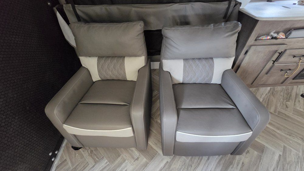 Pair of RV Recliner Chairs - Gray, White, and Quilted Leather Design - Excellent Condition