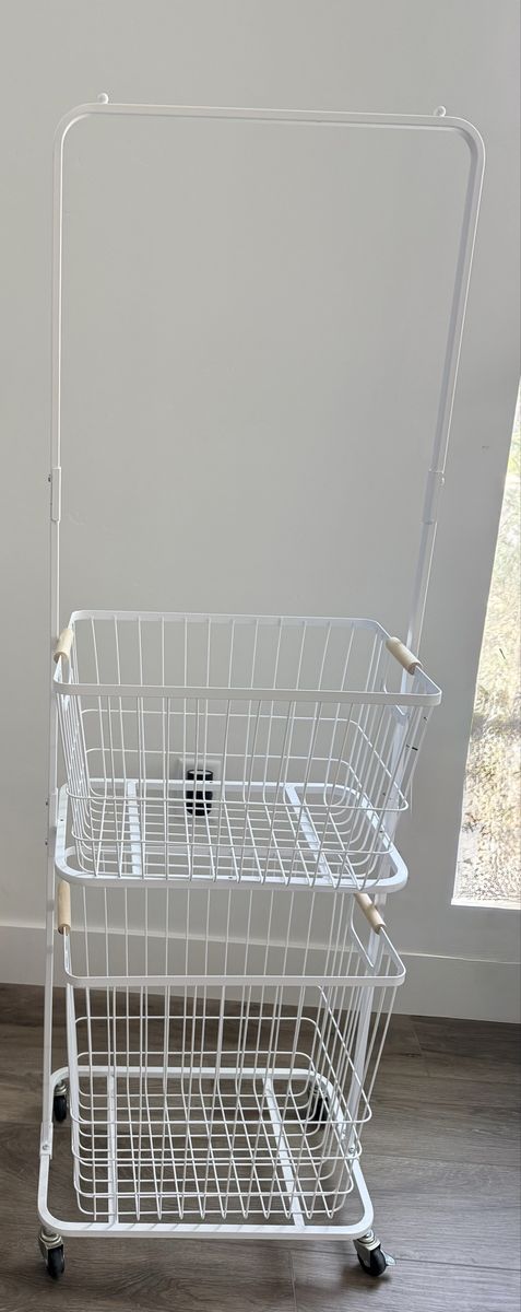 White Metal Rolling Laundry Hamper w/ 2 Baskets