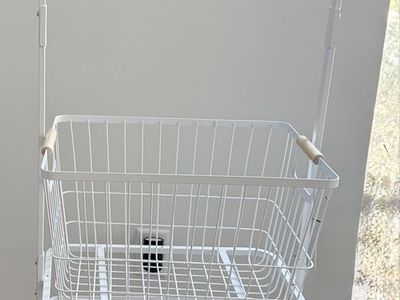 White Metal Rolling Laundry Hamper w/ 2 Baskets