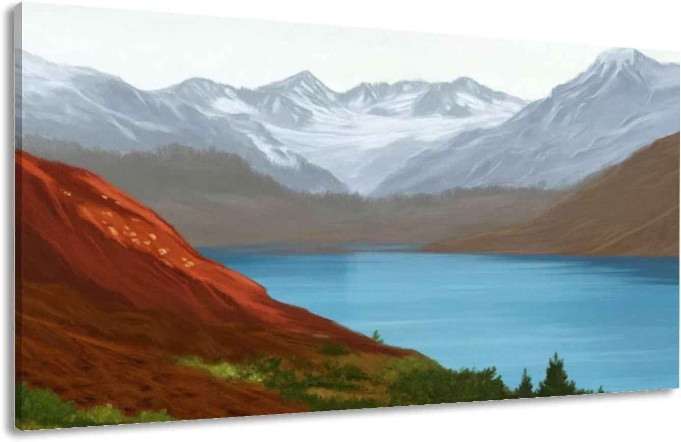 20x40 Blue Lake Modern Minimalist Snow Capped Mountains Red Cliff Canvas Wall Art