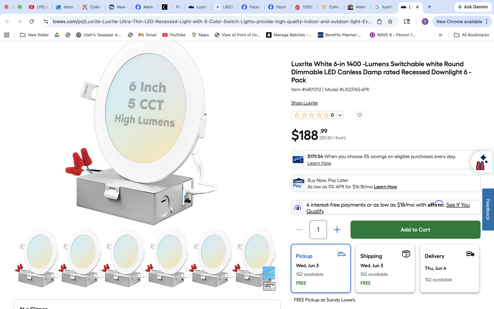New in Boxes set of 6..6-in 1400 -Lumens Switchable white Dimmable LED Canless recessed lighting