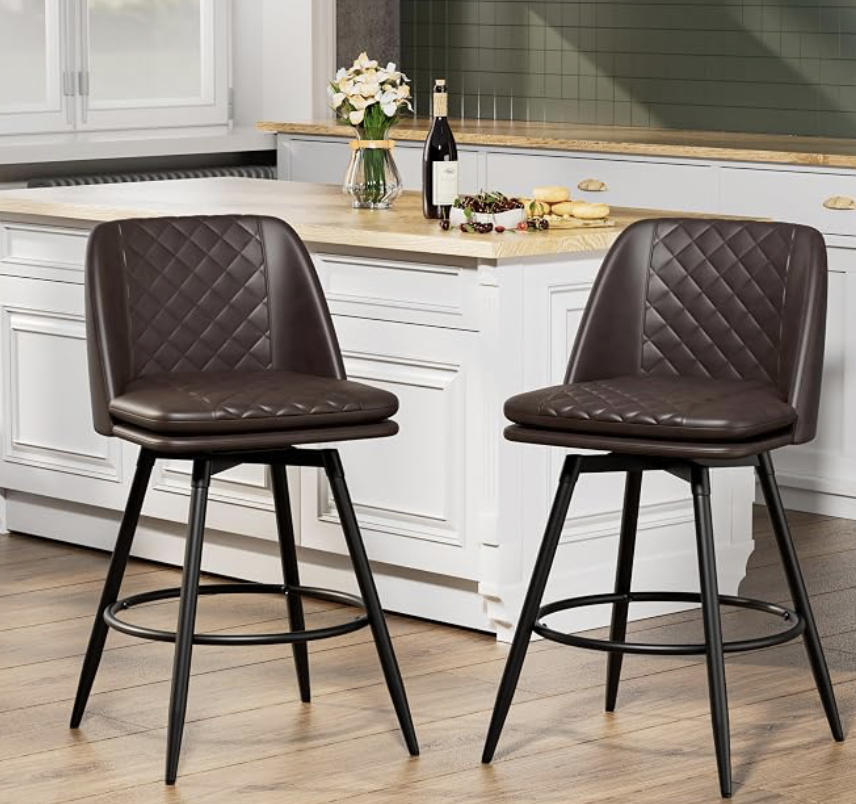 NEW 26 inch Bar Stools Set of 2, 360° Swivel Counter Height Barstools with Back Faux Leather